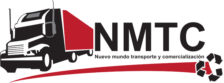 Logotipo de NMTC (Nuevo Mundo Transporte y Comercialización) con un camión de carga en colores negro y rojo, acompañado de un símbolo de reciclaje. Representa el compromiso con la logística y el Nuevo Mundo del Reciclaje para una economía sostenible.